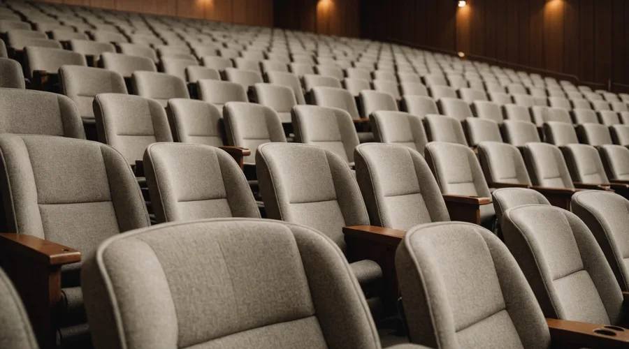 Empty auditorium rows suggesting large gathering and structured listening