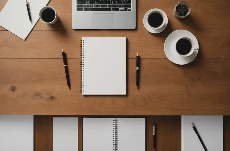 Overhead view of a conference table with papers and notebooks in a meeting setting