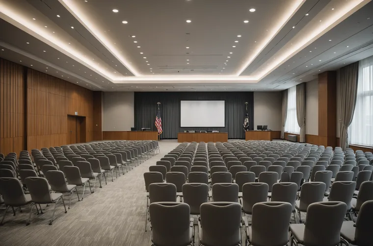 Large empty conference room with rows of chairs facing a presentation area