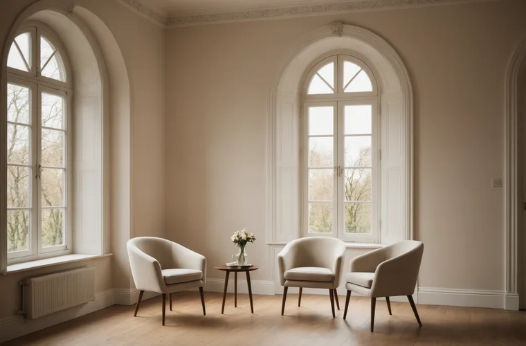 Two empty modern chairs facing each other in a minimal private office meeting room